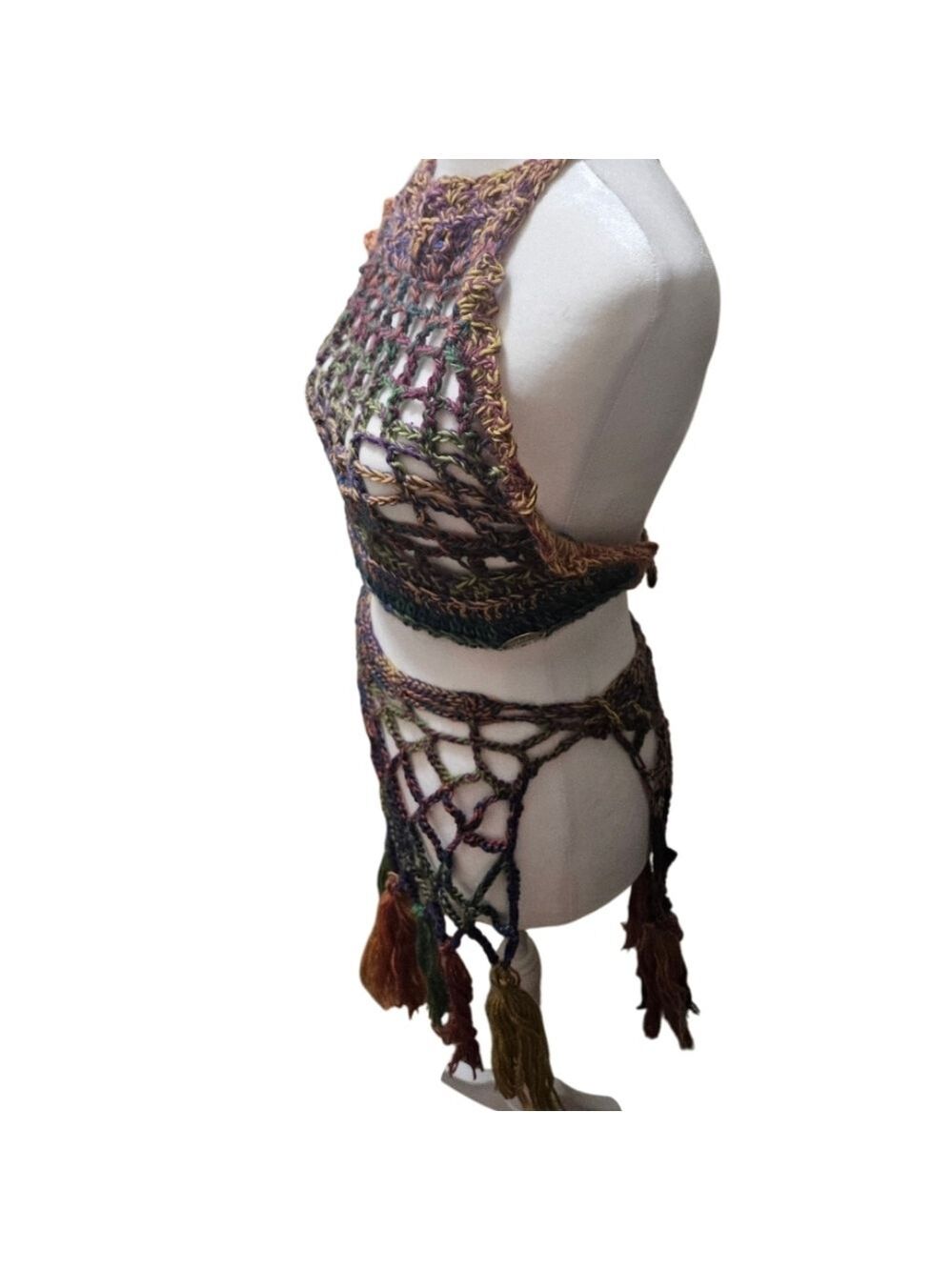 Handmade Crochet Swim Cover-up Fishnet Design Multicolor Rainbow Halter Crop-Top - Picture 10 of 17
